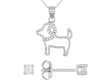 Picture of White Cubic Zirconia Rhodium Over Sterling Silver Stud Earrings And Dog Pendant With Chain 0.50ctw