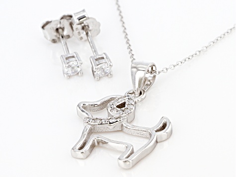 White Cubic Zirconia Rhodium Over Sterling Silver Stud Earrings And Dog Pendant With Chain 0.50ctw