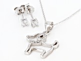 White Cubic Zirconia Rhodium Over Sterling Silver Stud Earrings And Dog Pendant With Chain 0.50ctw