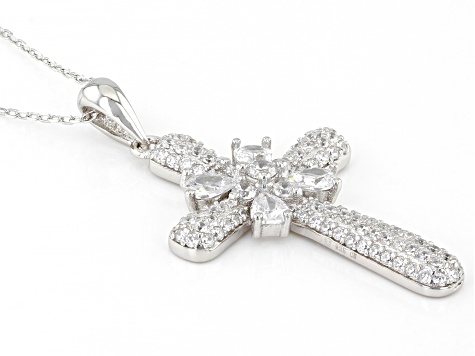 White Cubic Zirconia Rhodium Over Sterling Silver Cross Pendant With Chain 2.00ctw