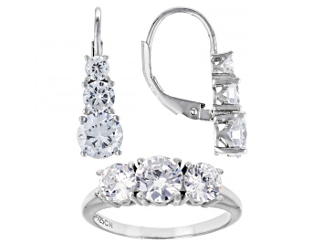 Picture of White Cubic Zirconia Rhodium Over Sterling Silver Ring And Earrings Set 6.50