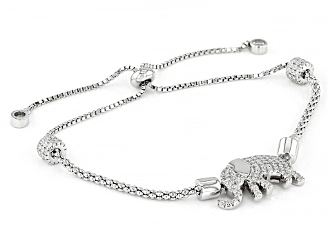 White Cubic Zirconia Rhodium Over Sterling Silver Elephant Adjustable Bracelet 1.69ctw