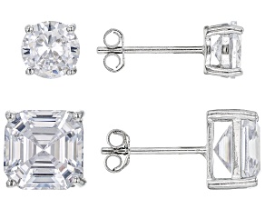 Asscher Cut White Cubic Zirconia Rhodium Over Sterling Silver Earrings- Set of 2 4.25ctw