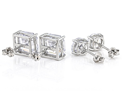 Asscher Cut White Cubic Zirconia Rhodium Over Sterling Silver Earrings- Set of 2 4.25ctw