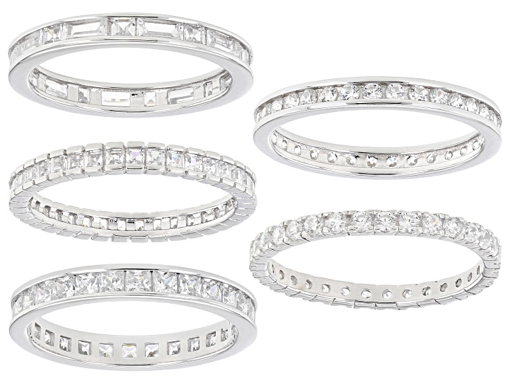 White Cubic Zirconia Rhodium Over Sterling Silver Eternity Band Rings- Set of 5 6.80ctw