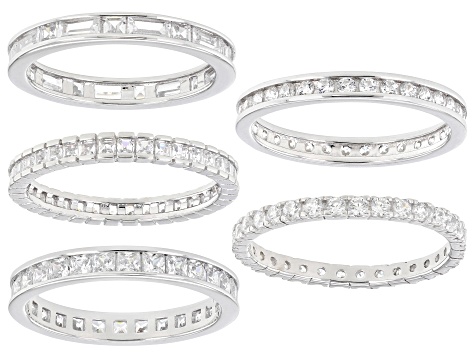 White Cubic Zirconia Rhodium Over Sterling Silver Eternity Band Rings- Set of 5 6.80ctw