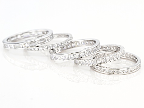 White Cubic Zirconia Rhodium Over Sterling Silver Eternity Band Rings- Set of 5 6.80ctw