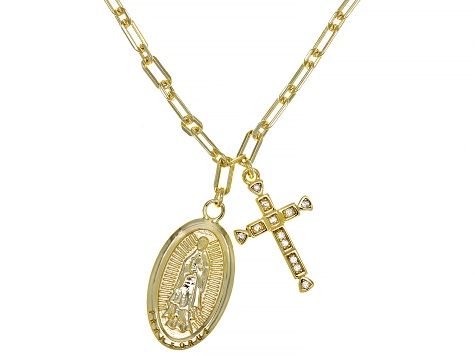 White Cubic Zirconia 18k Yellow Gold Over Sterling Silver Our Lady Of Guadalupe Necklace 0.12ctw