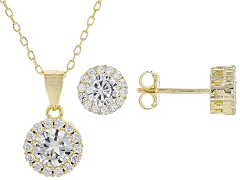 White Cubic Zirconia 18k Yellow Gold Over Sterling Silver Earrings And Pendant With Chain 3.72ctw
