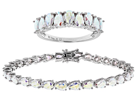 Aurora Borealis Cubic Zirconia Rhodium Over Sterling Silver Ring And Bracelet Set 21.15ctw