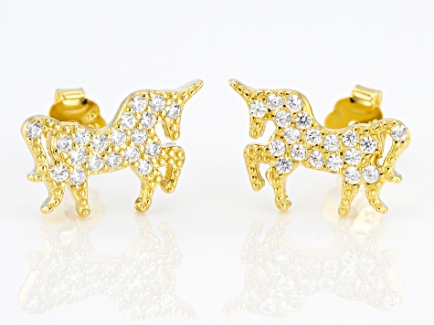 White Cubic Zirconia 18k Yellow Gold Over Sterling Silver Unicorn Stud Earrings 0.42ctw