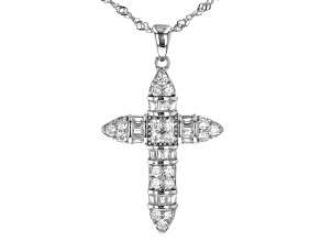 White Cubic Zirconia Rhodium Over Sterling Silver Cross Pendant With Chain 1.05ctw