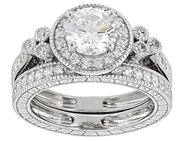 White Cubic Zirconia Platinum Over Sterling Silver Ring Set White Cubic Zirconia Platinum Over Sterling Silver Ring Set