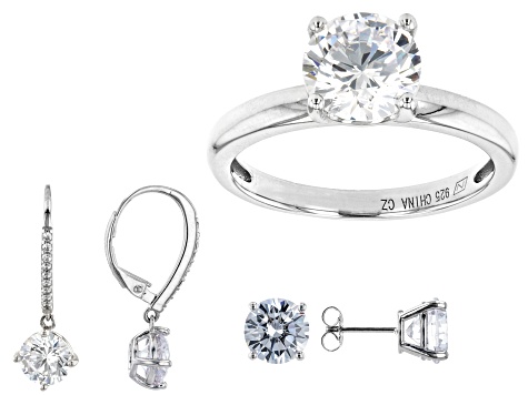 Cubic Zirconia Platinum Over Sterling Silver Ring and 2 Earrings Set