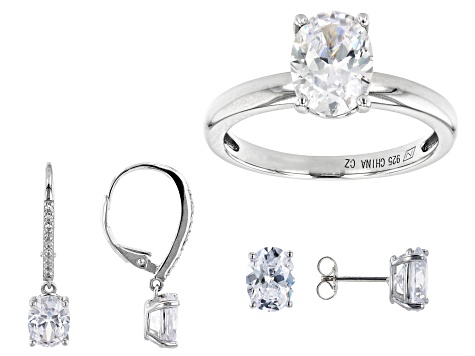 Cubic Zirconia Platinum Over Sterling Silver Ring And 2 Earrings Set