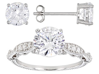 Cubic Zirconia Rhodium Over Sterling Silver Ring With Earring Set