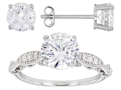 Cubic Zirconia Rhodium Over Sterling Silver Ring With Earring Set