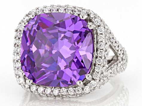 Purple and White Cubic Zirconia Rhodium Over Silver Ring