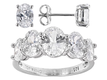 Picture of White Cubic Zirconia Rhodium Over Silver Ring and Earrings Set (4.89ctw DEW)