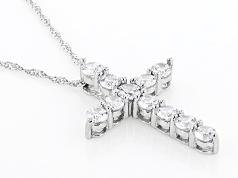 White Cubic Zirconia Rhodium Over Sterling Silver Cross Pendant