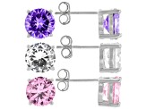 Purple, Pink, and White Cubic Zirconia Rhodium Over Sterling Silver Earrings.