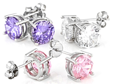 Purple, Pink, and White Cubic Zirconia Rhodium Over Sterling Silver Earrings.