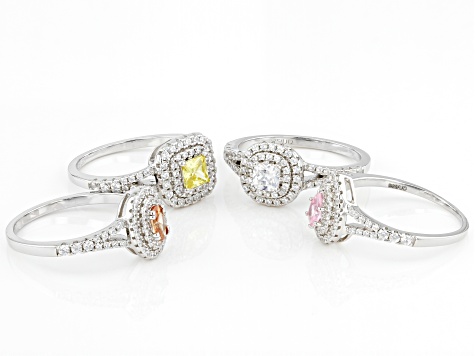 Multicolor Cubic Zirconia Rhodium Over Sterling Silver Rings Set of 4 3.90ctw