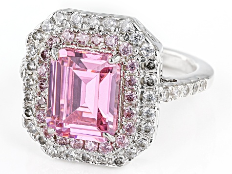 Pink And White Cubic Zirconia Rhodium Over Sterling Silver Ring 7.53ctw