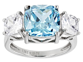 Aquamarine And White Cubic Zirconia Rhodium Over Sterling Silver Ring 9.22ctw