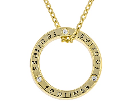 White Cubic Zirconia Rhodium And 18k Yellow Gold Over Sterling Silver "Fearless" Pendant With Chain