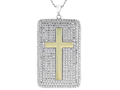 White Cubic Zirconia Rhodium Over Sterling Silver Dog Tag Pendant With Chain 6.01ctw
