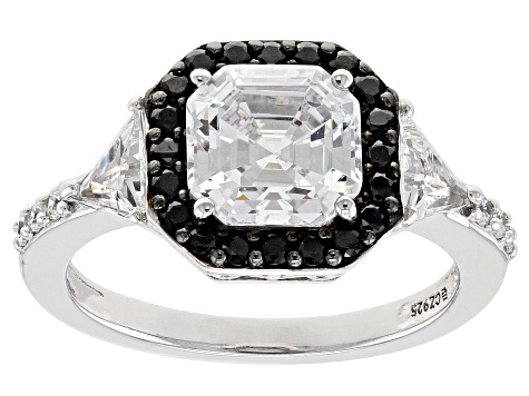 White And Black Cubic Zirconia Rhodium Over Silver Asscher Cut Ring