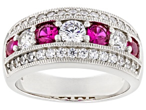 Red Lab Created Ruby And White Cubic Zirconia Platinum Over Silver Ring 1.87ctw