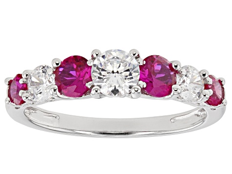 Lab Created Ruby and White Cubic Zirconia Rhodium Over Silver Ring 1.29ctw