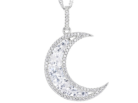 White Cubic Zirconia Rhodium Over Sterling Silver Moon Pendant With Chain  8.26ctw