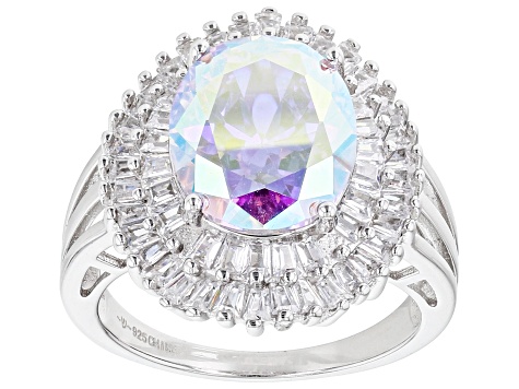 Aurora Borealis And White Cubic Zirconia Rhodium Over Sterling Silver Ring 7.46ctw