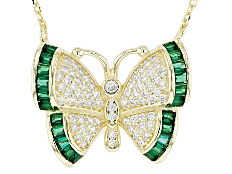 Green And White Cubic Zirconia 18k Yellow Gold Over Sterling Silver Butterfly Necklace 1.21ctw