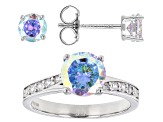 Aurora Borealis And White Cubic Zirconia Rhodium Over Sterling Silver Ring And Earrings Set 4.72ctw