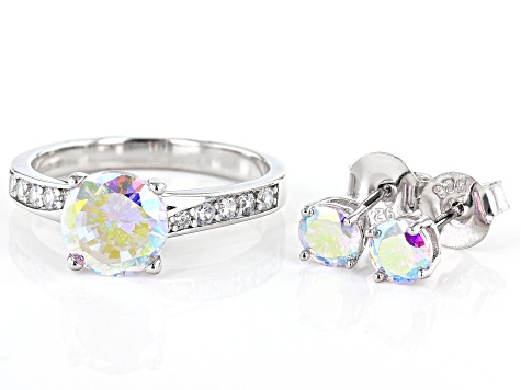 Aurora Borealis And White Cubic Zirconia Rhodium Over Sterling Silver Ring And Earrings Set 4.72ctw