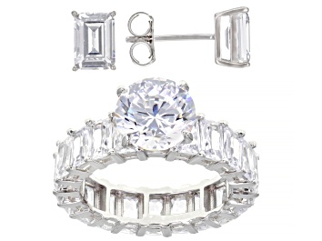 Picture of White Cubic Zirconia Rhodium Over Sterling Silver Ring And Earrings Set 15.62ctw