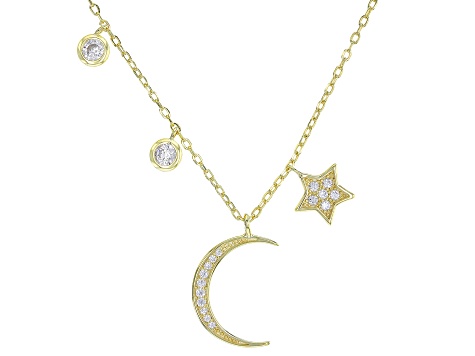 White Cubic Zirconia 18k Yellow Gold Over Sterling Silver Moon Pendant With Chain 0.42ctw
