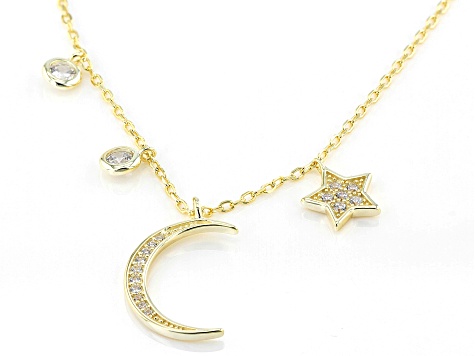 White Cubic Zirconia 18k Yellow Gold Over Sterling Silver Moon Pendant With Chain 0.42ctw