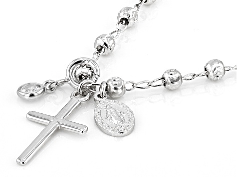White Cubic Zirconia Rhodium Over Sterling Silver Cross & Virgin Mary Pendant With Chain 0.18ctw