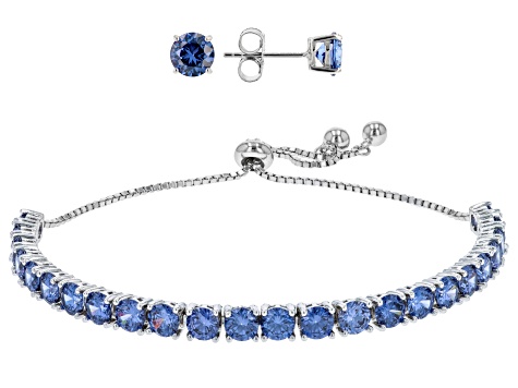 Blue Cubic Zirconia Rhodium Over Sterling Silver Bracelet And Earrings Set 12.30ctw