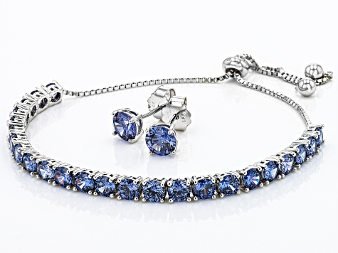 Blue Cubic Zirconia Rhodium Over Sterling Silver Bracelet And Earrings Set 12.30ctw