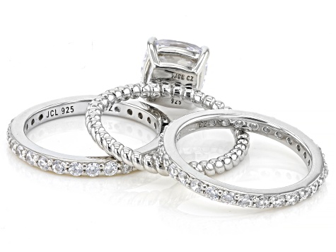 White Cubic Zirconia Rhodium Over Sterling Silver Ring Set of 3 4.66ctw
