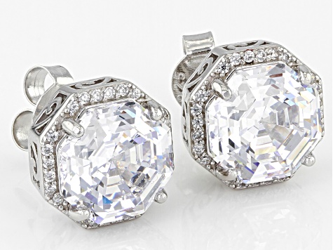 White Cubic Zirconia Rhodium Over Sterling Silver Octagon Asscher Cut Earrings 13.84ctw