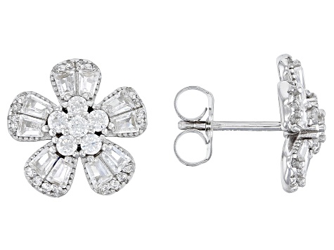 White Cubic Zirconia Rhodium Over Sterling Silver Flower Earrings 3.08ctw
