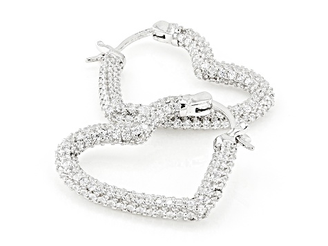 White Cubic Zirconia Rhodium Over Sterling Silver Heart Hoops 3.38ctw
