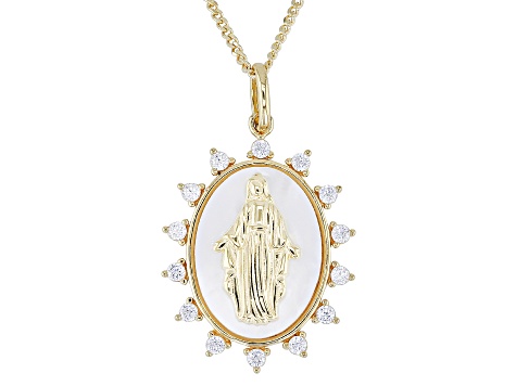 White Cubic Zirconia And Mother Of Pearl 14k Yellow Gold Over Silver Virgin Mary Pendant 0.28ctw